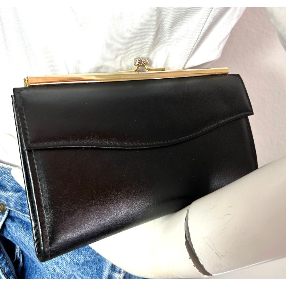 Vintage Lady Swank Black Leather Wallet Kiss Lock French Purse Mint New No Wear
